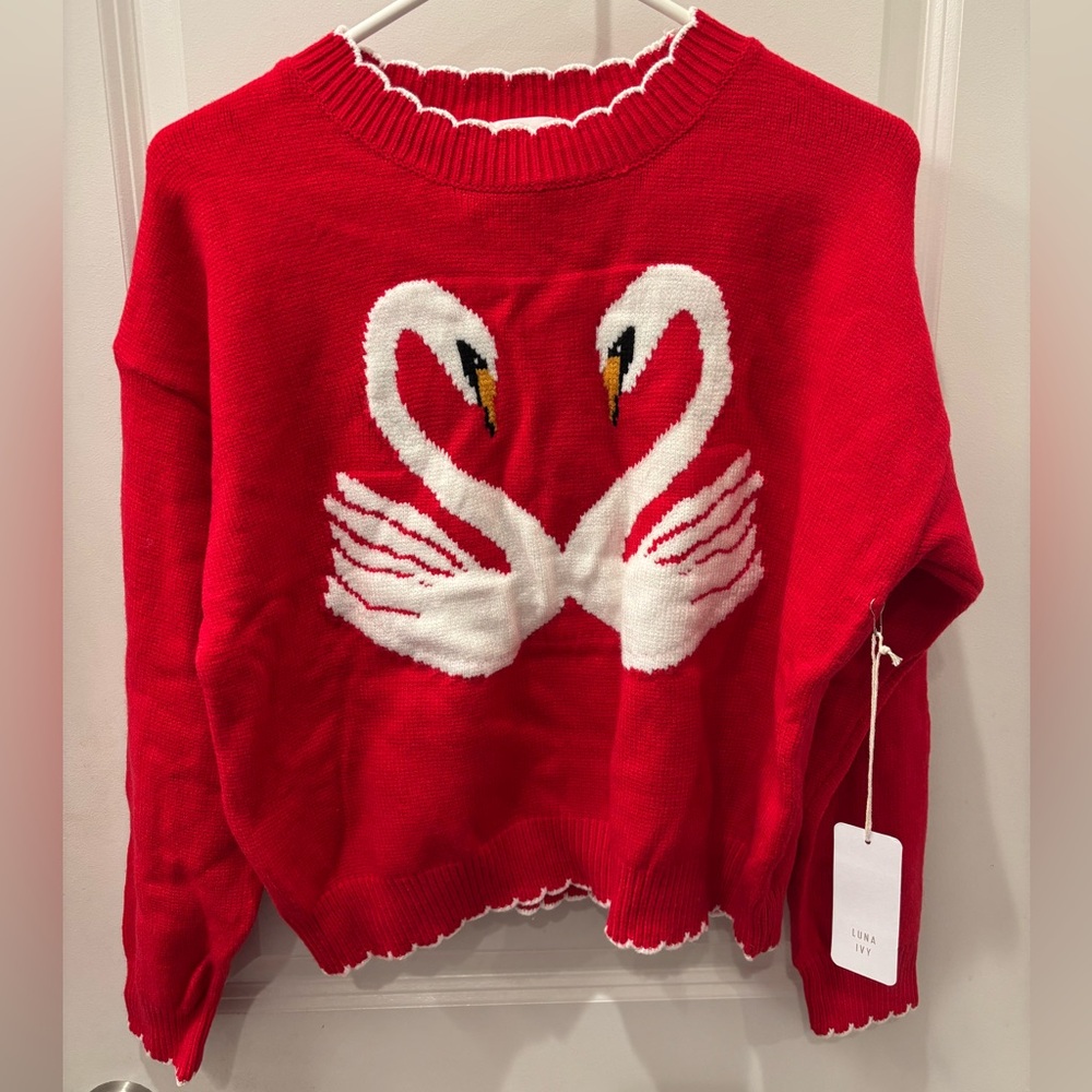 NWT Luna Ivy Red Swan Crew Neck Sweater- M